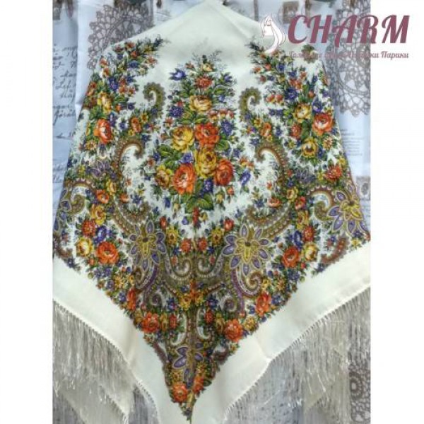 Павловопосадский платок Лира шерстяной с шёлковой бахромой