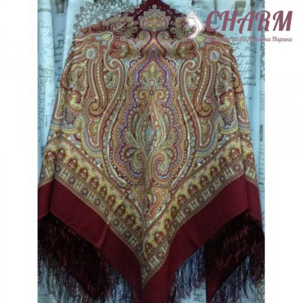 Павловопосадский платок Лучезарный шерстяной с шёлковой бахромой