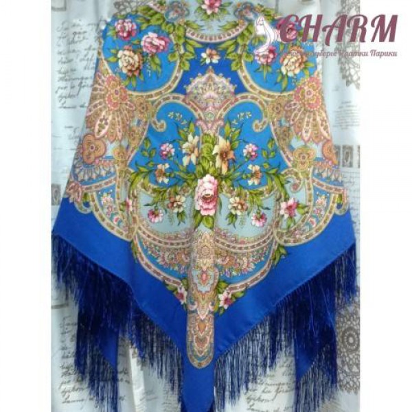 Павловопосадский платок Море и небо шерстяной с шёлковой бахромой