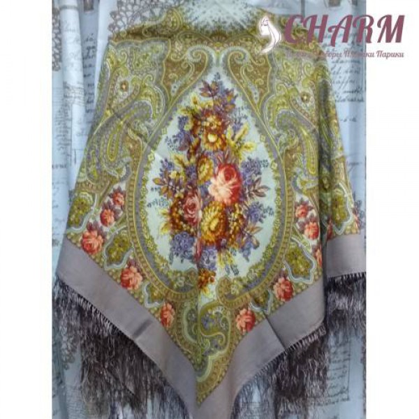 Павловопосадский платок Осенние кружева шерстяной с шёлковой бахромой