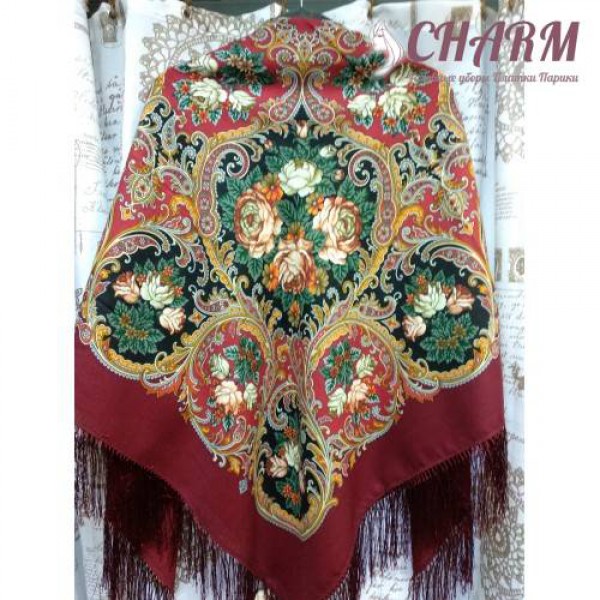 Павловопосадский платок Песнь уходящего лета - 2 шерстяной с шёлковой бахромой
