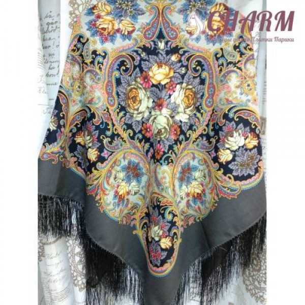Павловопосадский платок Песнь уходящего лета - 3 шерстяной с шёлковой бахромой