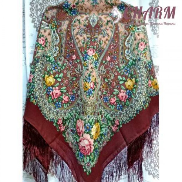 Павловопосадский платок Прекрасное далёко - 2 шерстяной с шёлковой бахромой