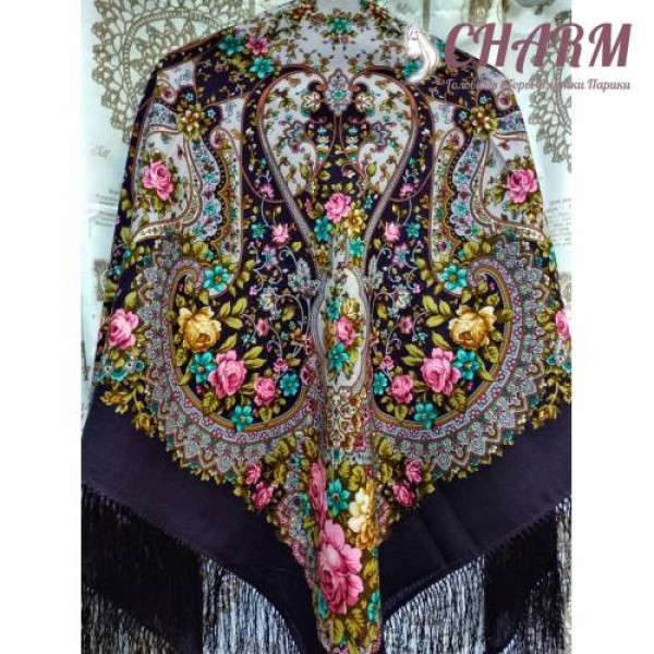 Павловопосадский платок Прекрасное далёко шерстяной с шёлковой бахромой