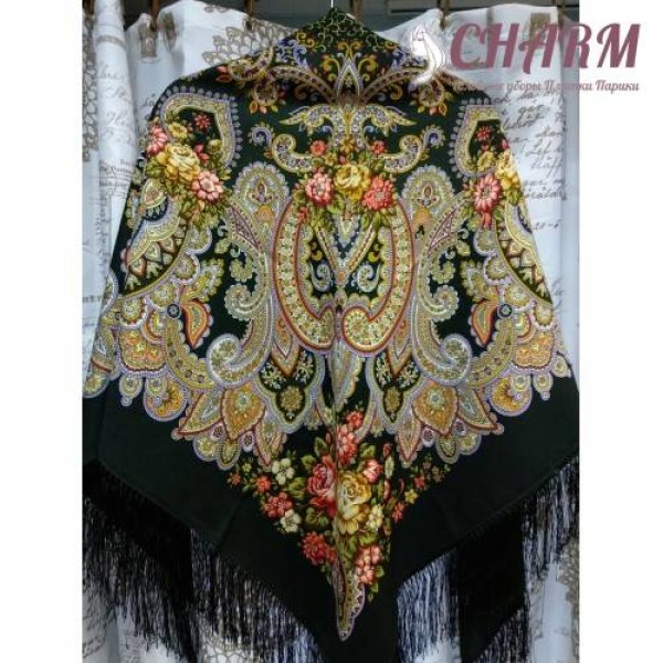 Павловопосадский платок Прекрасное мгновение - 2 шерстяной с шёлковой бахромой