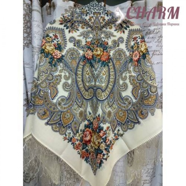 Павловопосадский платок Прекрасное мгновение - 3 шерстяной с шёлковой бахромой