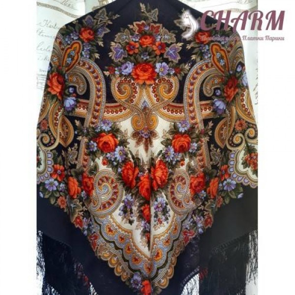 Павловопосадский платок Серенада шерстяной с шёлковой бахромой