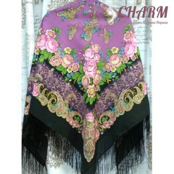 Павловопосадский платок Сказка на ночь шерстяной с шёлковой бахромой