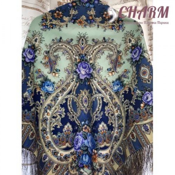 Павловопосадский платок Таинственный образ - 2 шерстяной с шёлковой бахромой