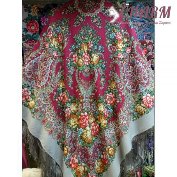 Павловопосадский платок Ладога шерстяной с шёлковой бахромой
