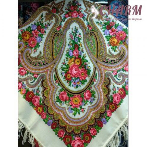 Павловопосадский платок Любава шерстяной с шёлковой бахромой