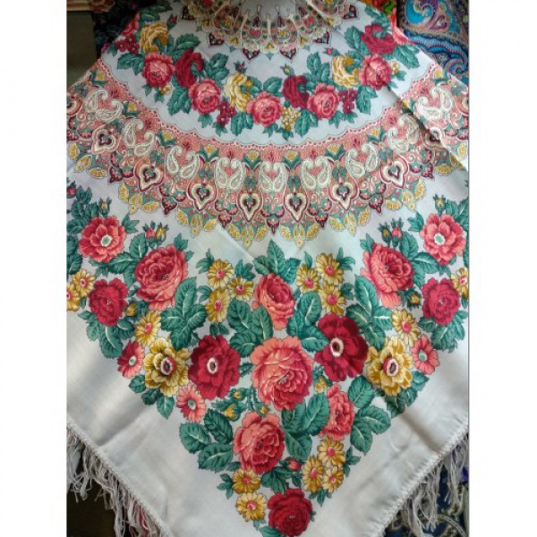 Павловопосадский платок Молитва - 3 шерстяной с шёлковой бахромой