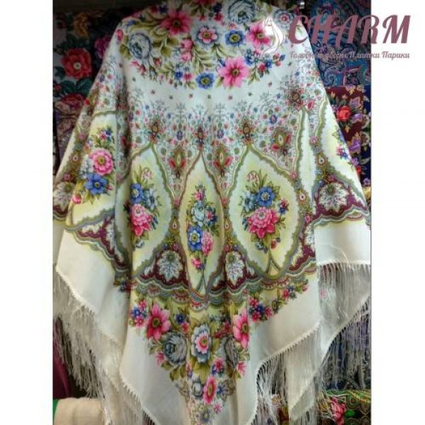 Павловопосадский платок Снежинки и цветы шерстяной шёлковой бахромой