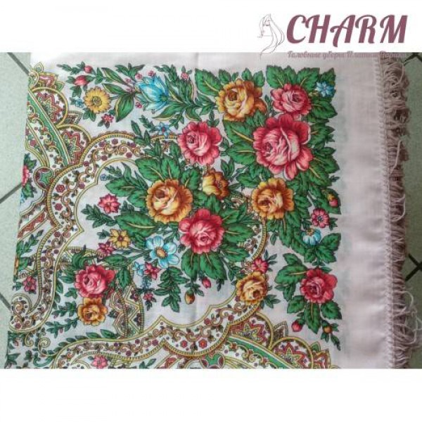 Павловопосадский платок Нежные чувства - 2 шерстяной с шёлковой бахромой