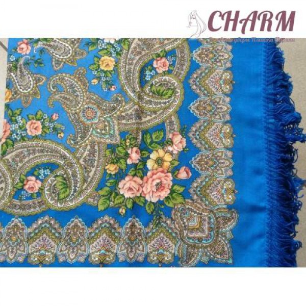 Павловопосадский платок Озёрный край шерстяной с шёлковой бахромой